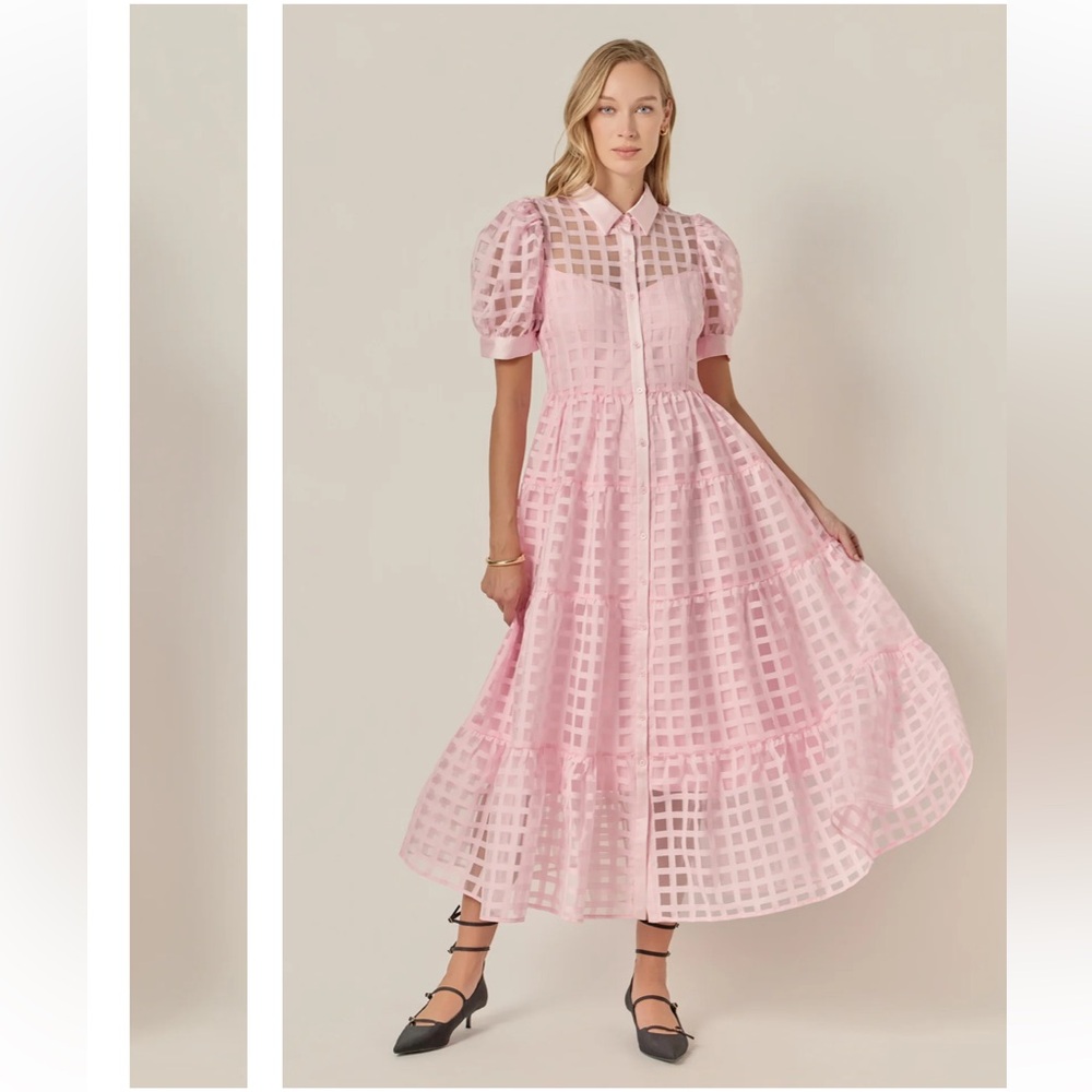 English Factory Gridded Organza Tiered Maxi dress pink Never worn tags attached